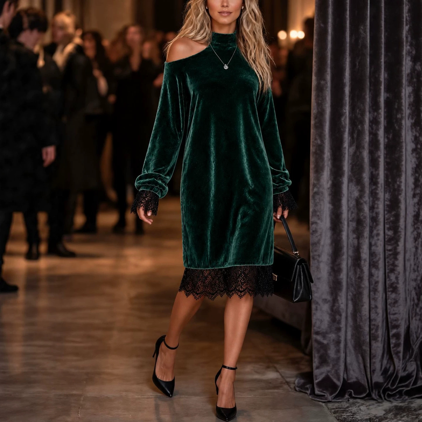 Off-Shoulder Lace-Trim Velvet Midi Dress