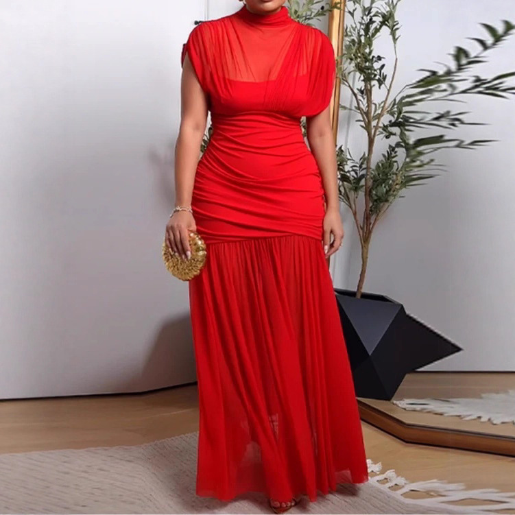 Women's Sexy Solid Color Mesh Bodycon Short Sleeve Long Dress