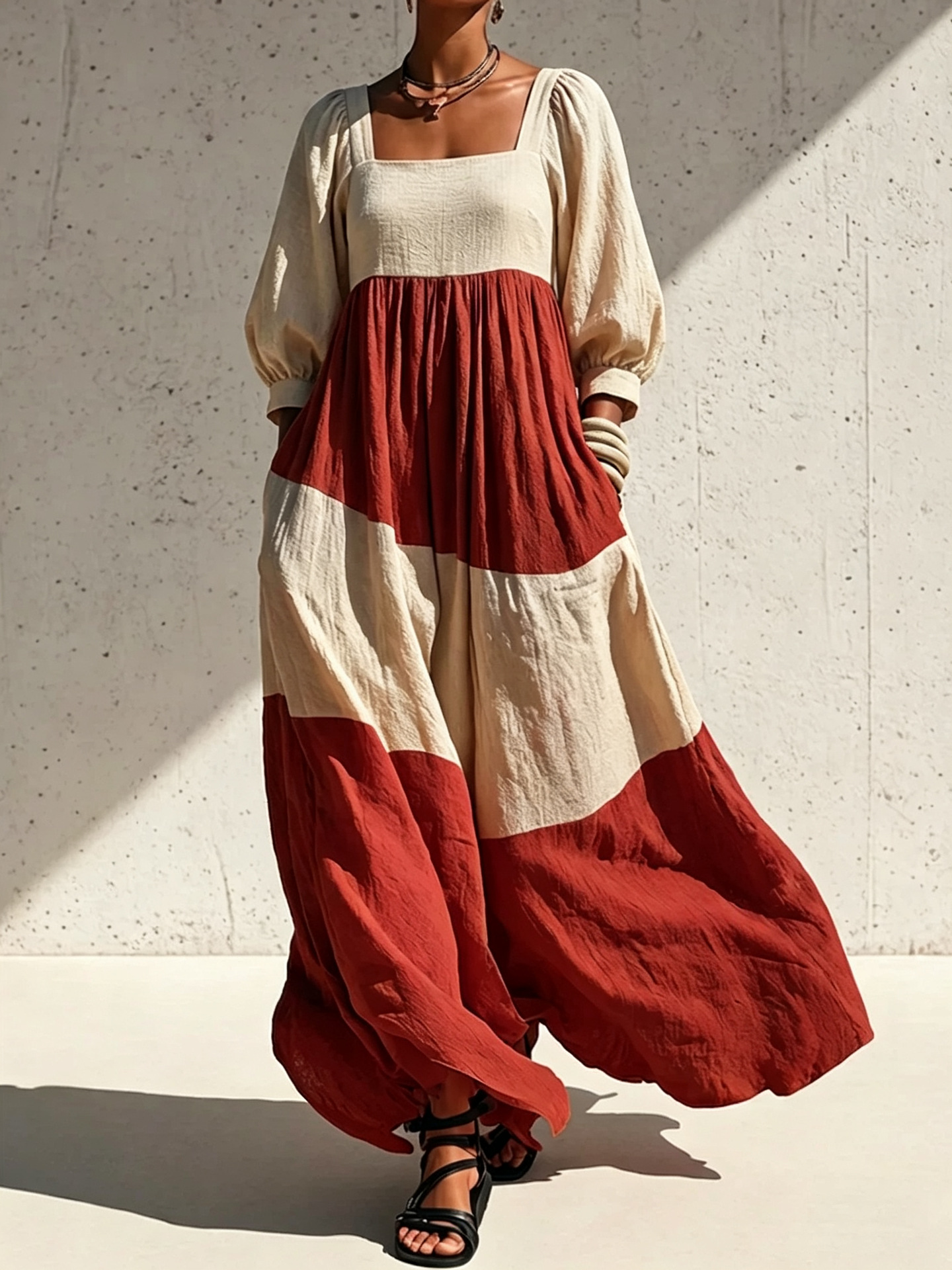 Color-Block Square-Neck Long Sleeve Cotton-Linen Dress