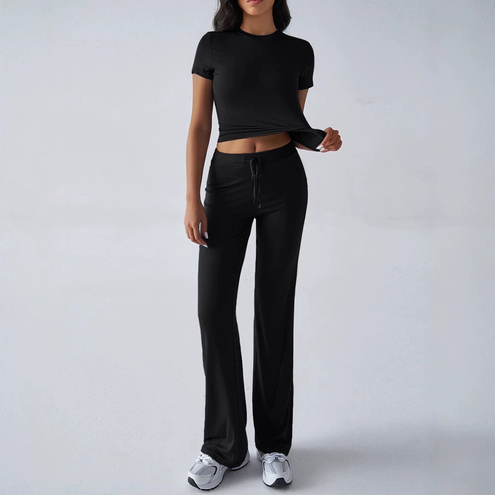 Women's Casual Solid Color Round Neck Short Sleeve Top and Long Pants Set