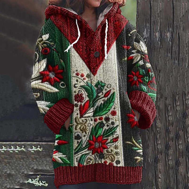Women's Halloween Zombie Floral Print Hooded Button Cardigan Sweater