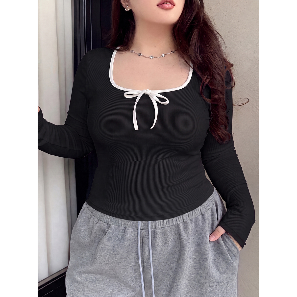 Plus Size Colorblock Square Neck Bow Long Sleeve Knit Top