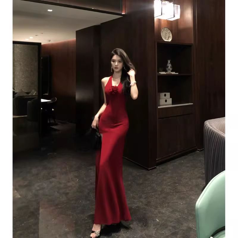 Removable Padded Rose Halter Open-Back Dress with Slit