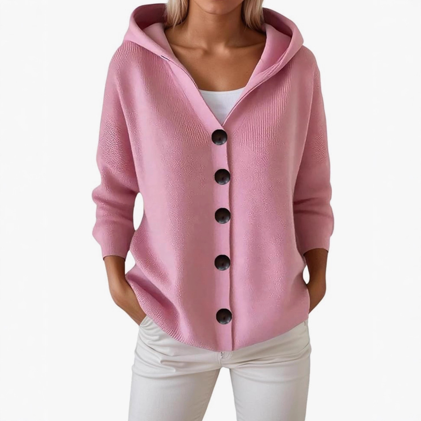Button-Up Hooded Knit Cardigan Sweater, Solid Color Casual Women's Outerwear