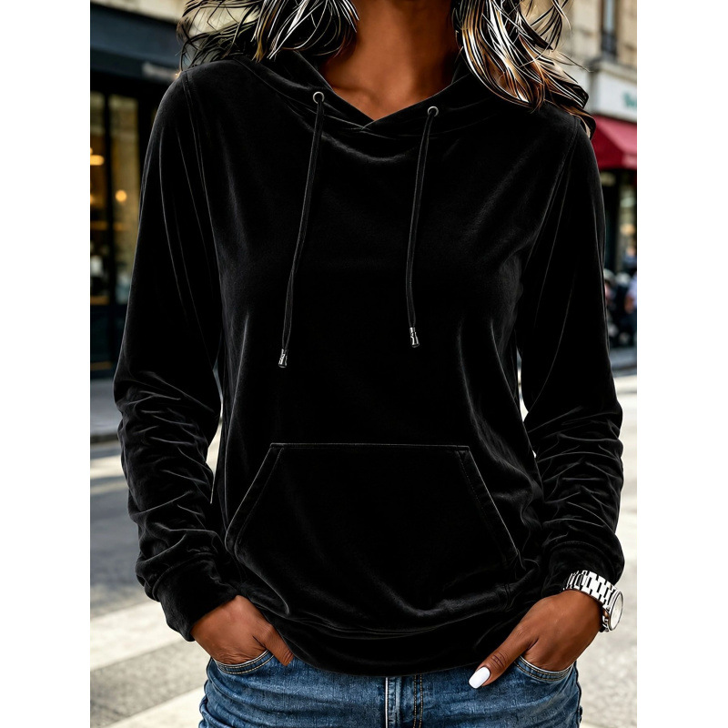 Women's Velvet Hooded Pullover Sweatshirt with Drawstring