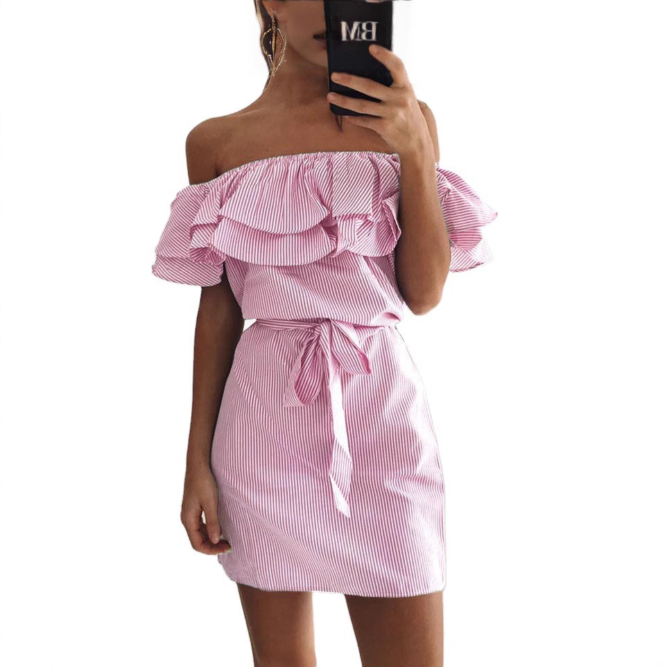 Striped Off-Shoulder Ruffle Sleeve Dress