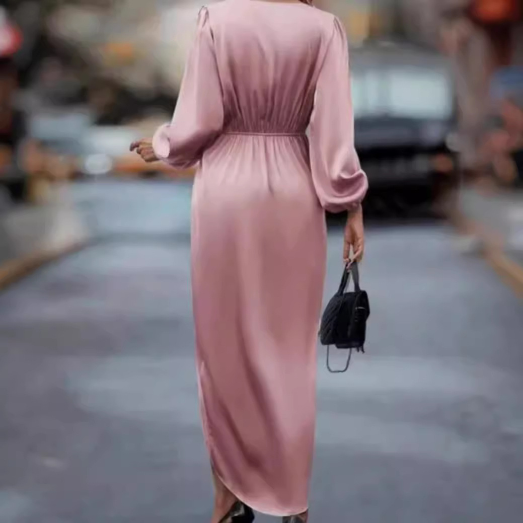 Solid V-Neck Long Sleeve High Waist Slit Maxi Dress