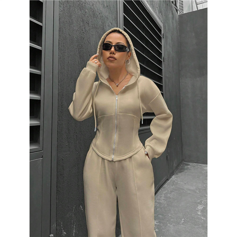 Women's Hooded Zip-Up Sweatshirt and Wide-Leg Pants Two-Piece Set