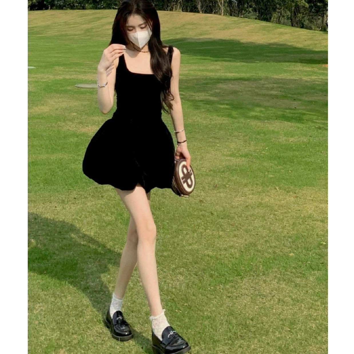 Square Neck Sleeveless Puff Dress Waist-Fitted Mini Little Black Dress