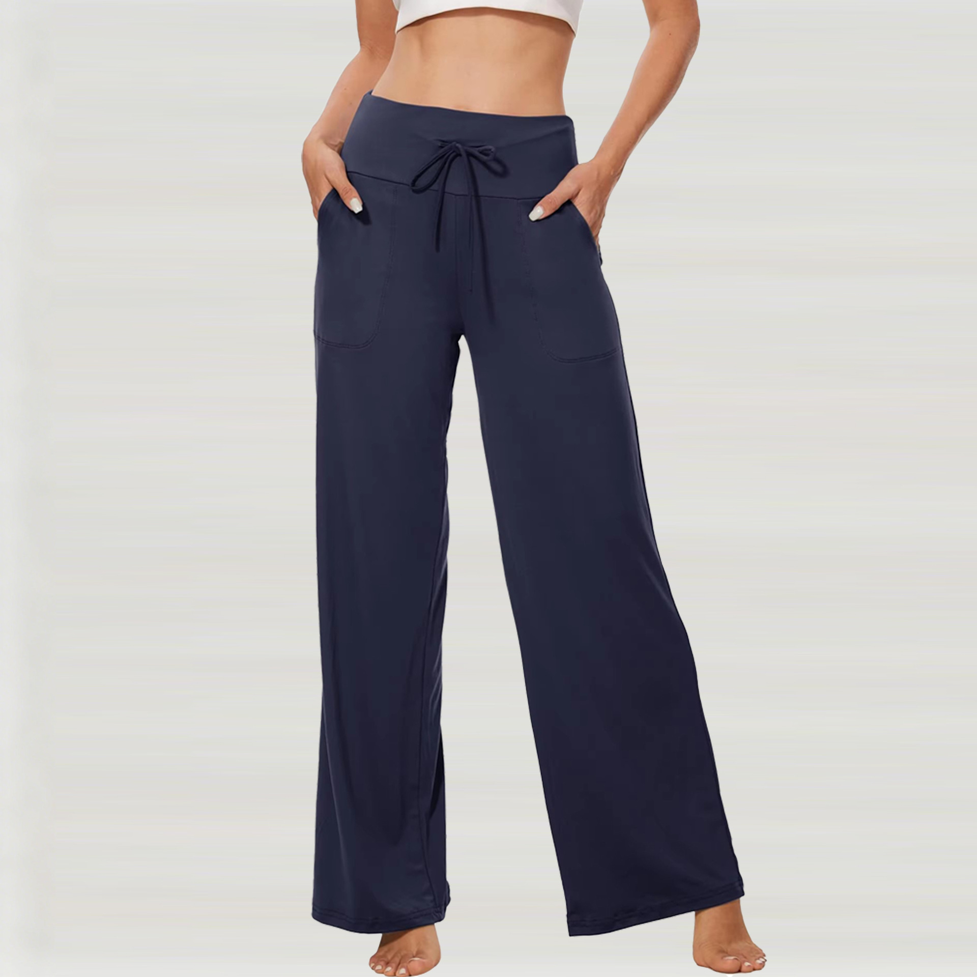 Women's High-Waist Straight-Leg Wide-Leg Pants with Drawstring, Drapey Casual Yoga Trousers