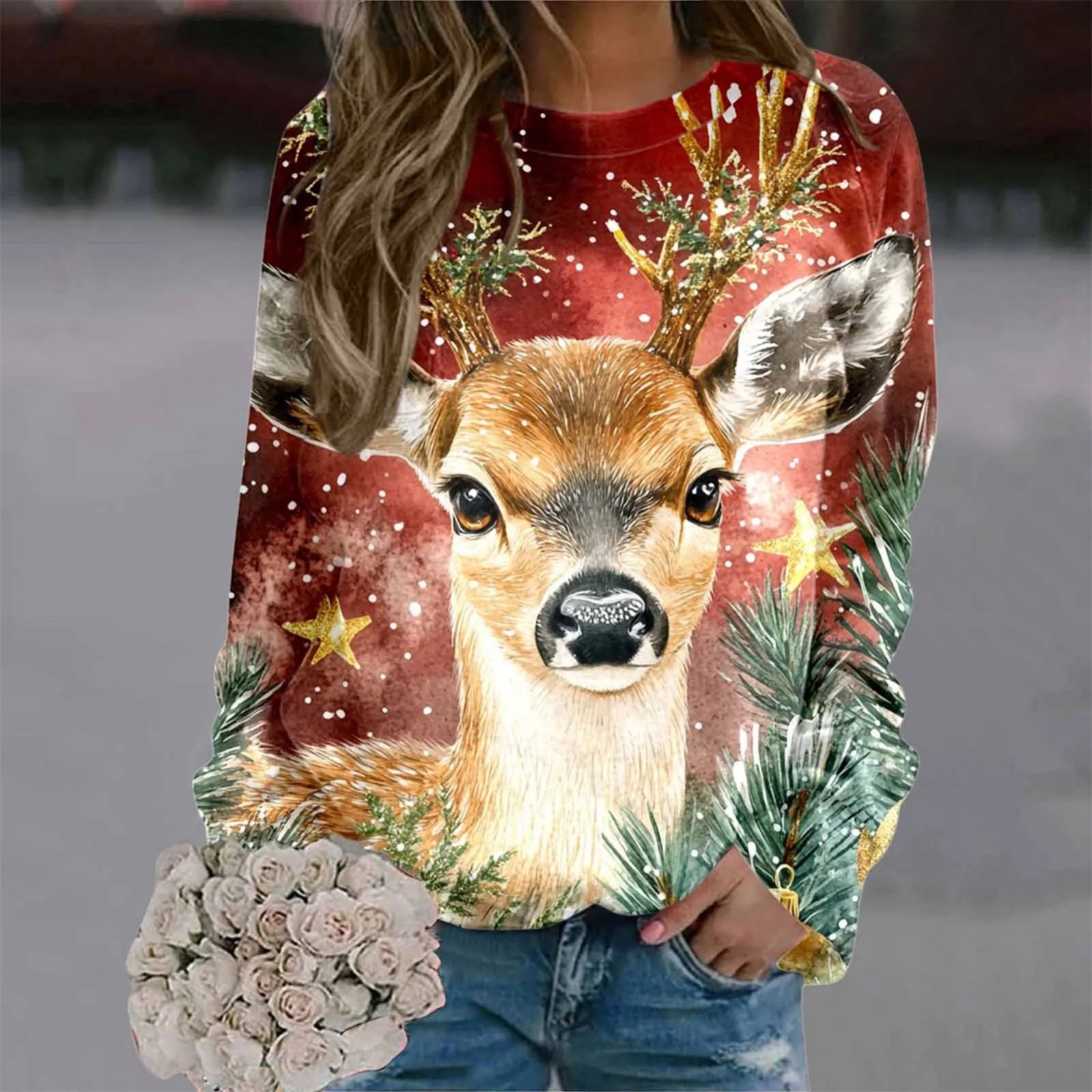 Women's Cartoon Winter Animal Print Crewneck Sweatshirt