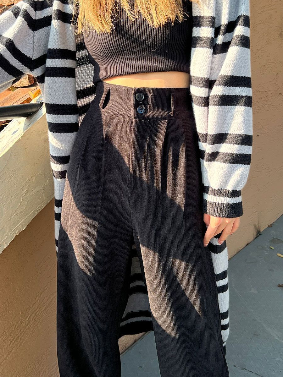White High-Waist Wide-Leg Fleece-Lined Straight Suit Pants