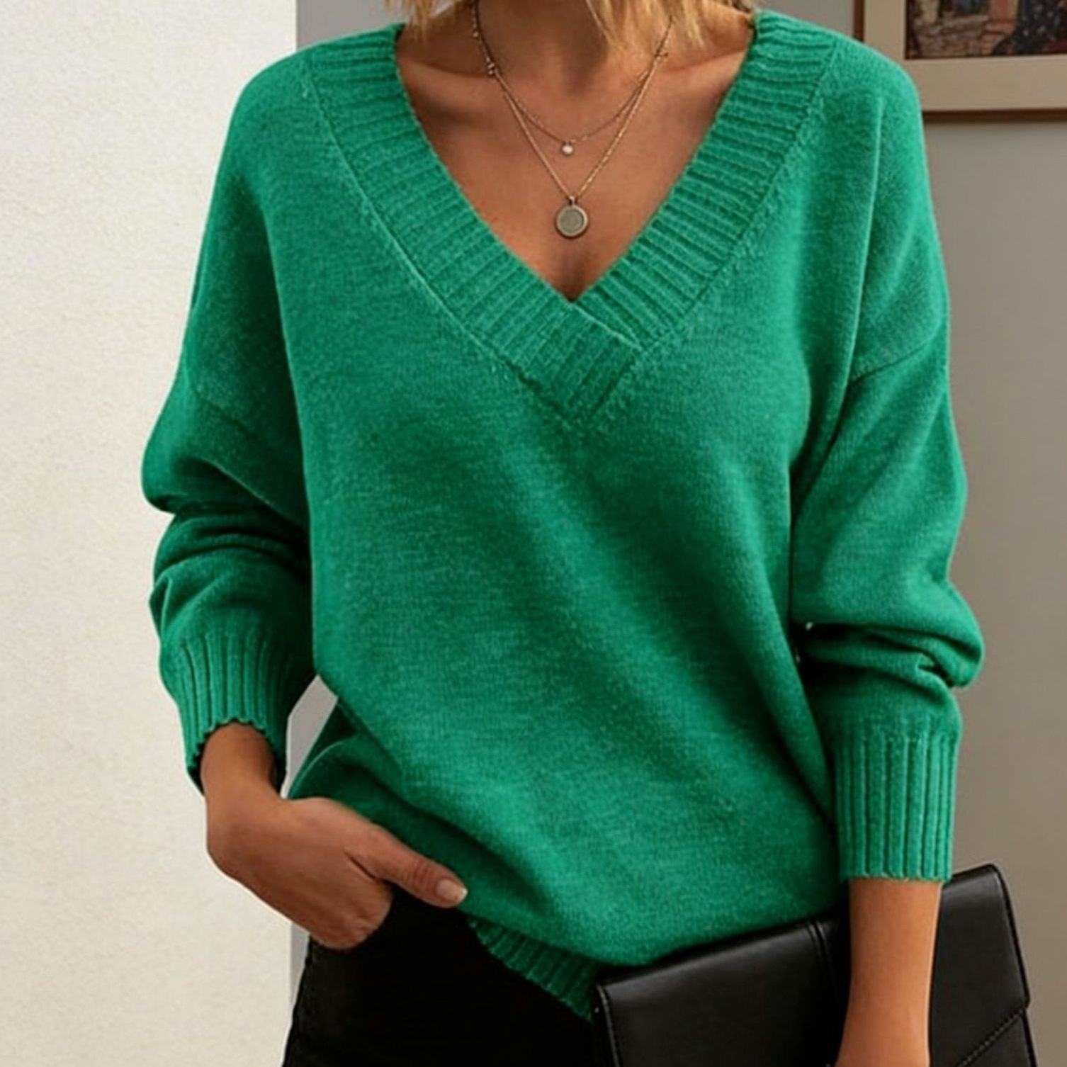 Women's Loose V-Neck Pullover Sweater Solid Color Knit Top