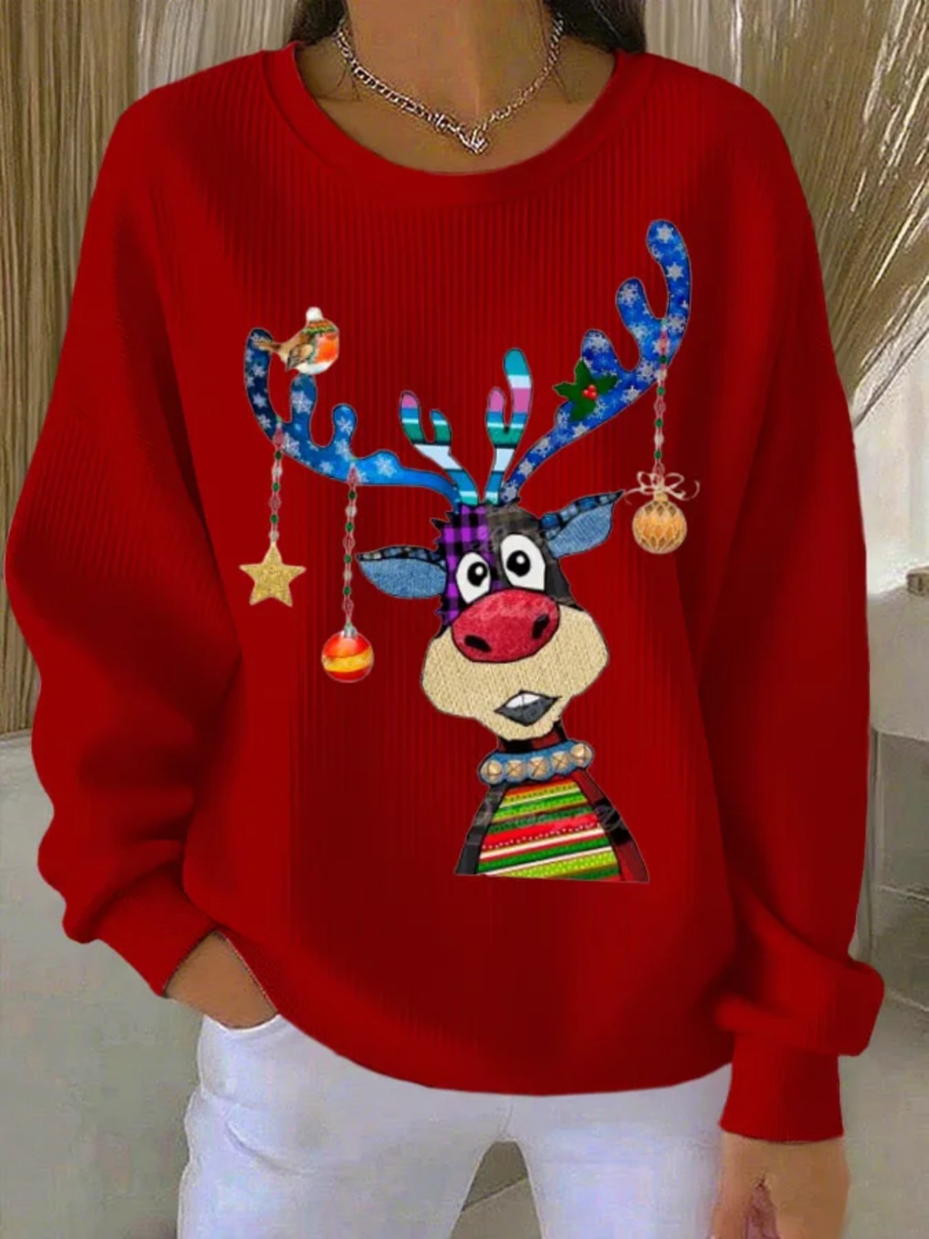 Christmas Print Crewneck Long Sleeve Pullover Sweatshirt