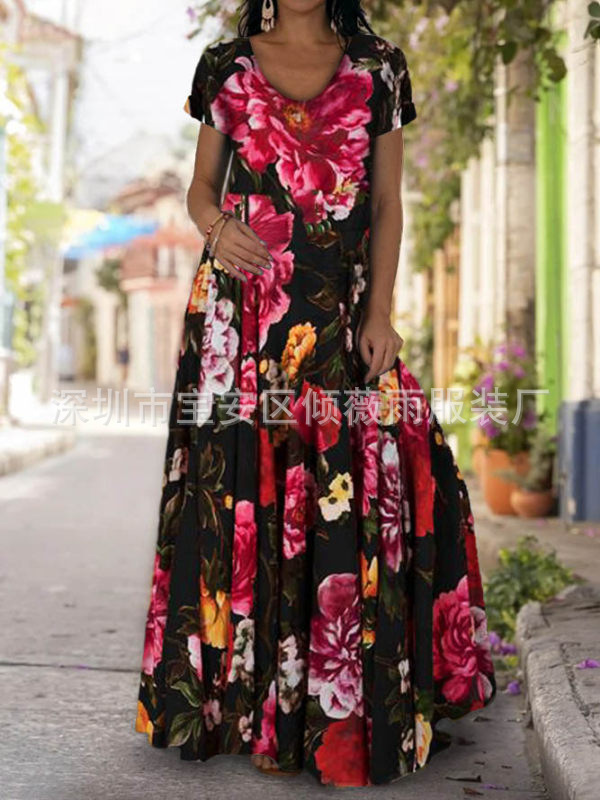 Women's Digital Print Casual Dress with Lantern Sleeves