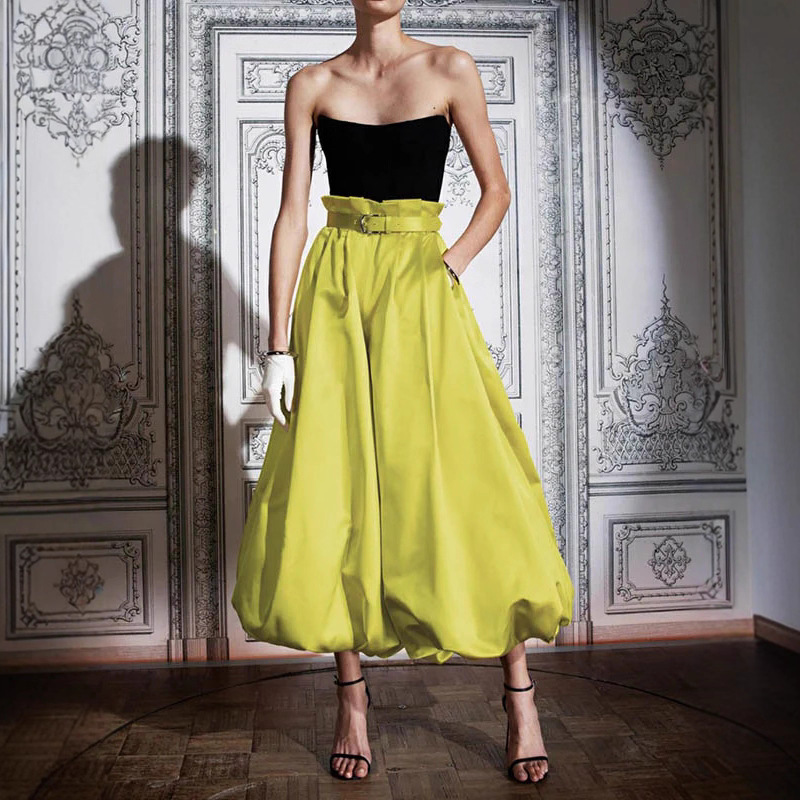 Elegant High-Waist Ruched Lantern Pants Solid Color