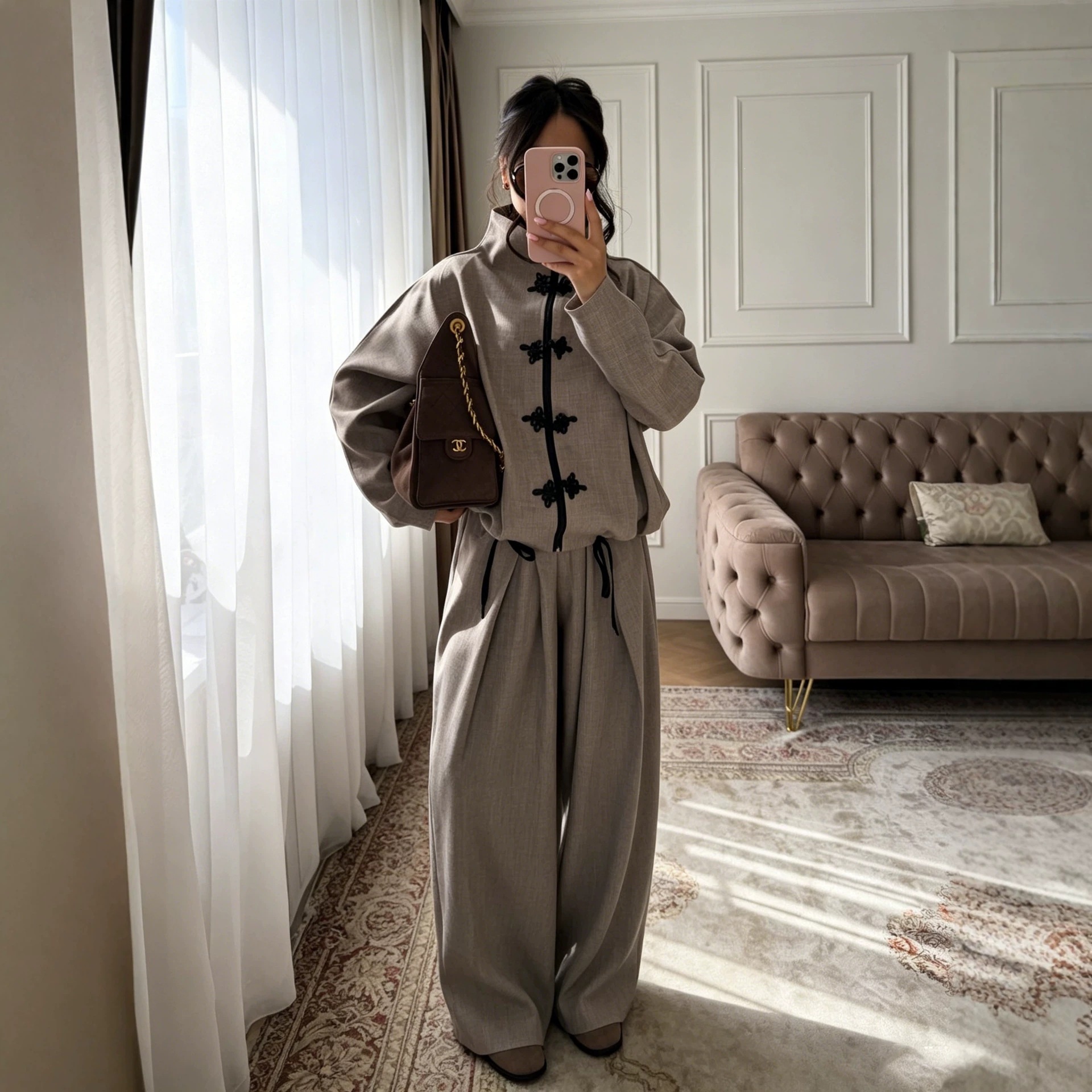 Chinese Style Frog Button Slim Fit Long Sleeve Jacket and Pants Set