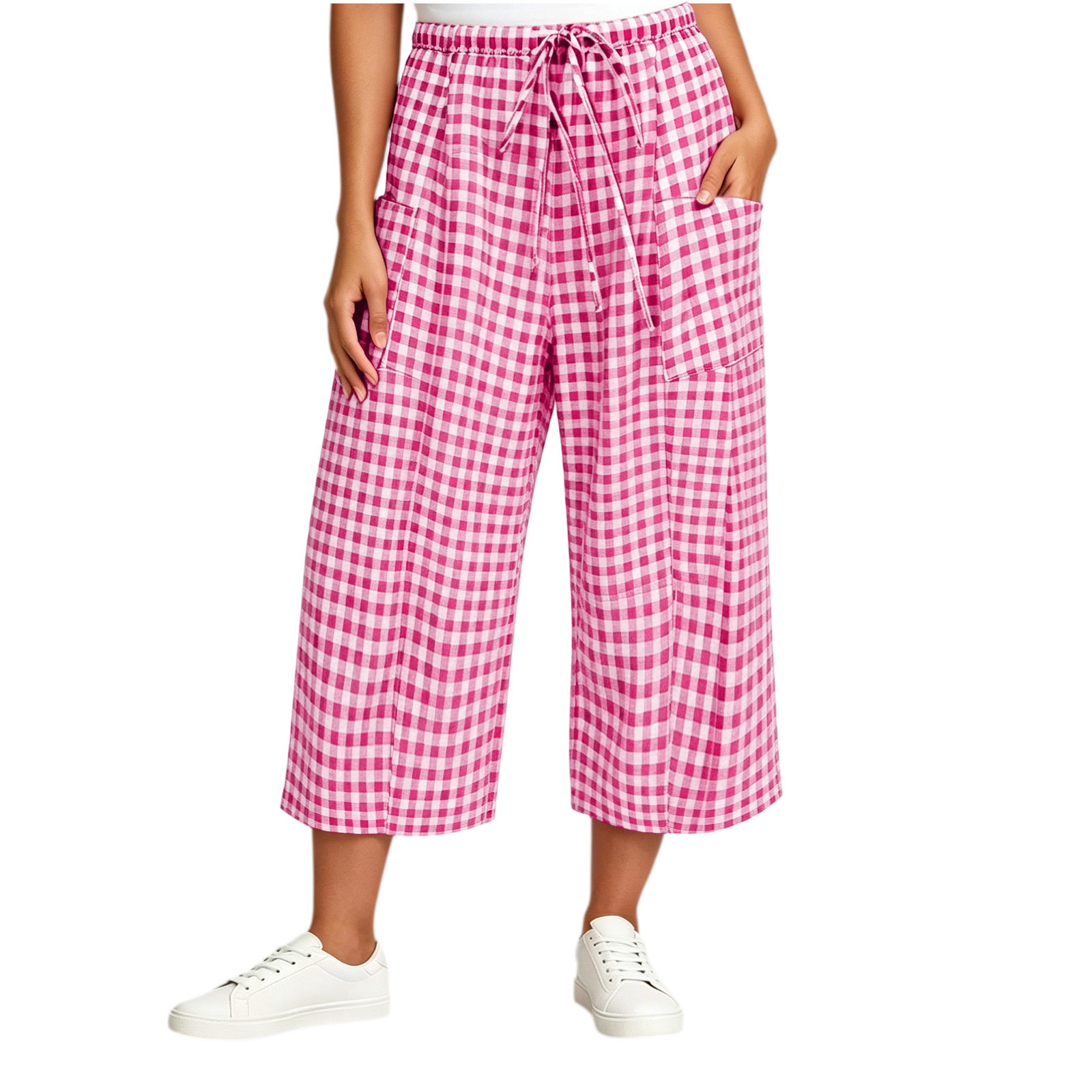 Plaid Wide-Leg Drawstring Pants with Pockets