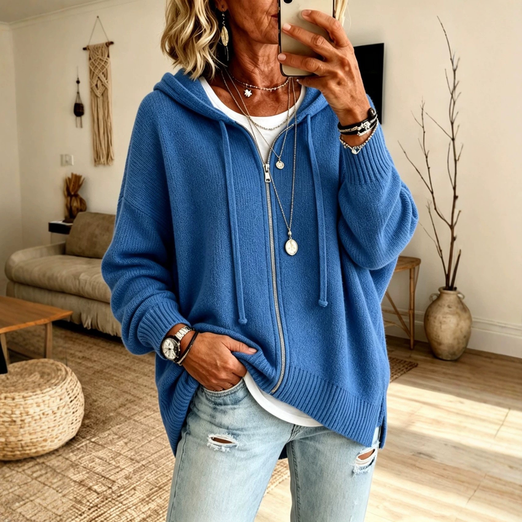Women's Zip-Up Hooded Knit Cardigan Sweater