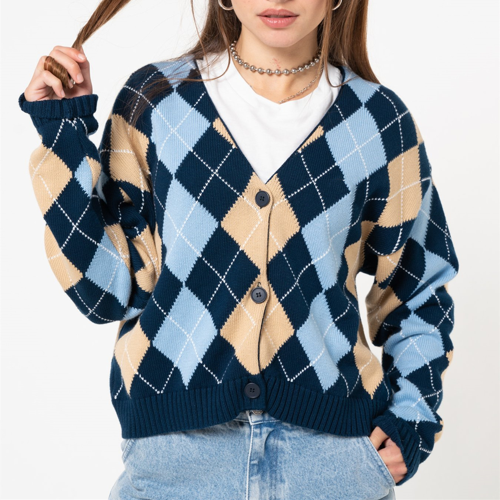 Women's Retro Diamond Pattern Cardigan Long Sleeve Knit Sweater
