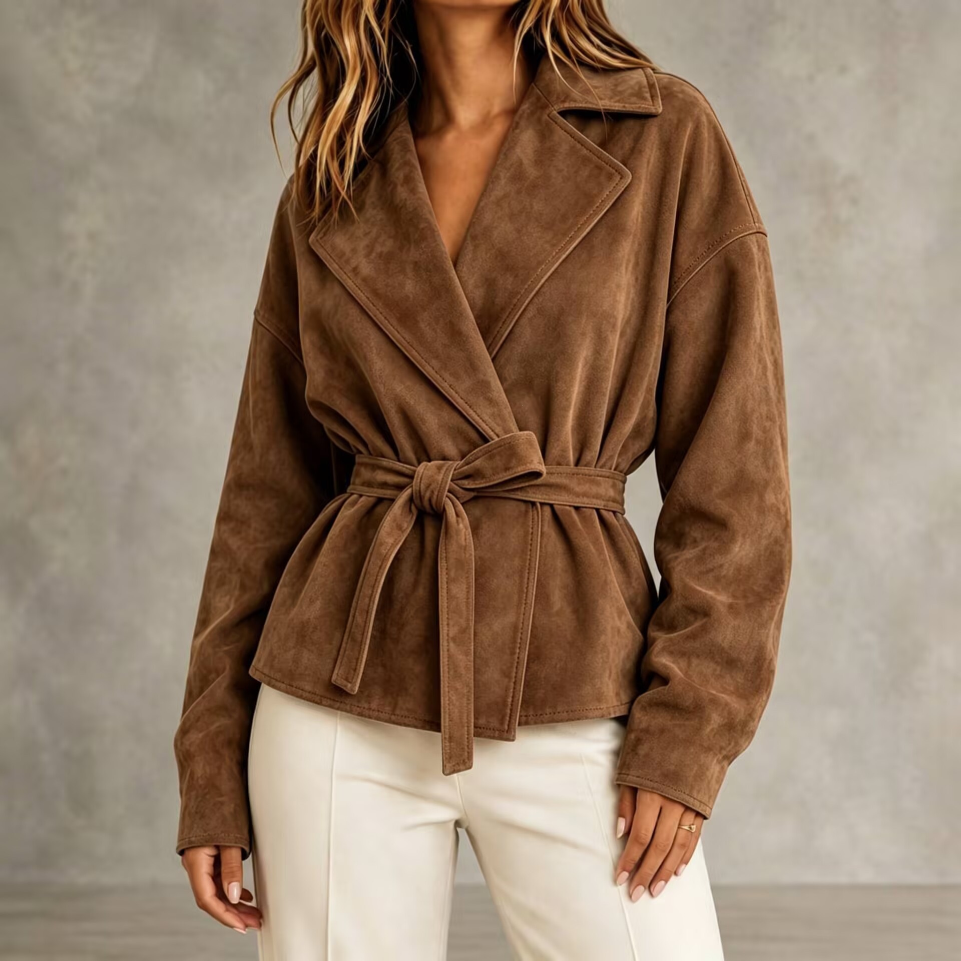 Faux Suede Belted Short Jacket with Lapel Collar