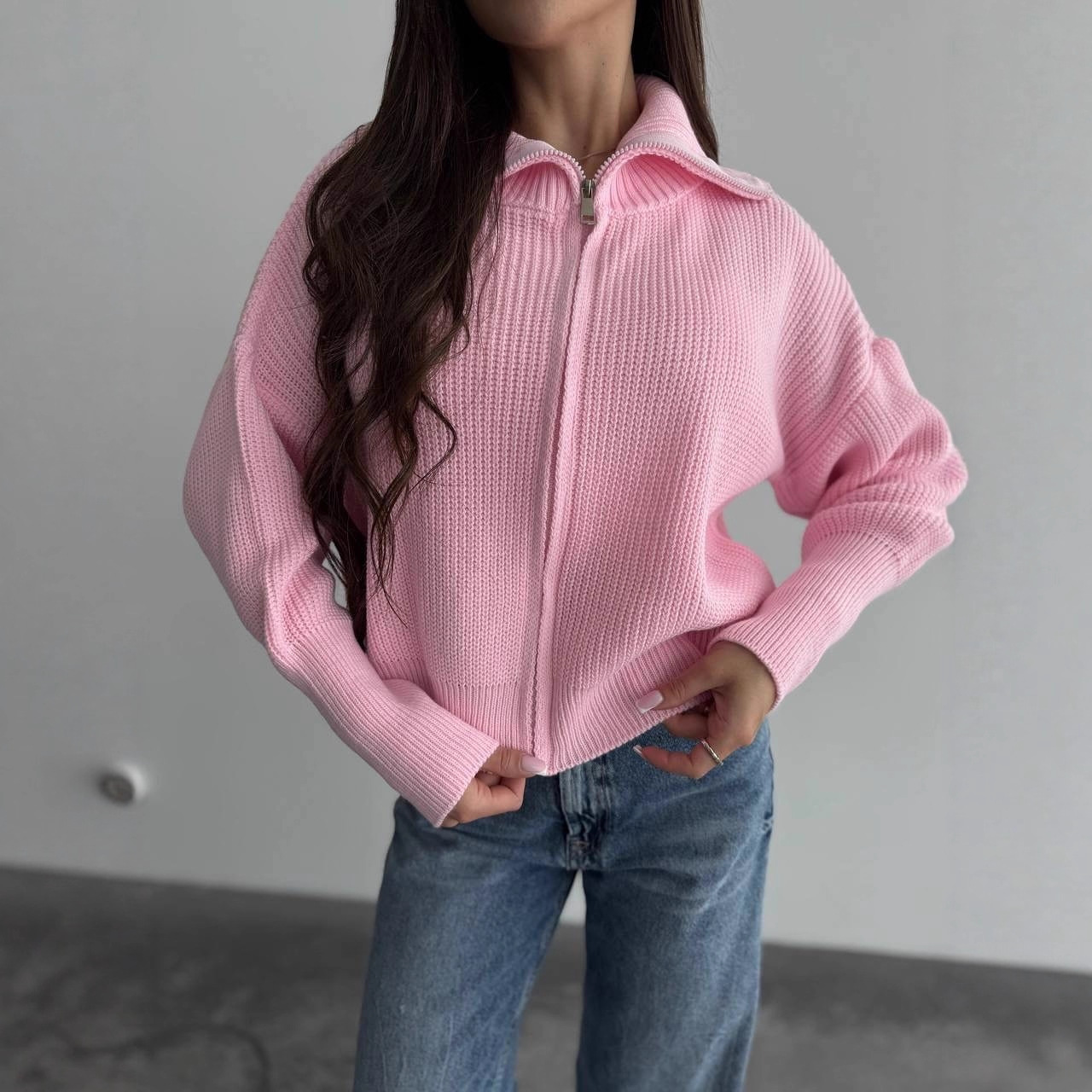 Solid Knit Long Sleeve Zip Collared Cardigan Casual Women's Warm Outerwear