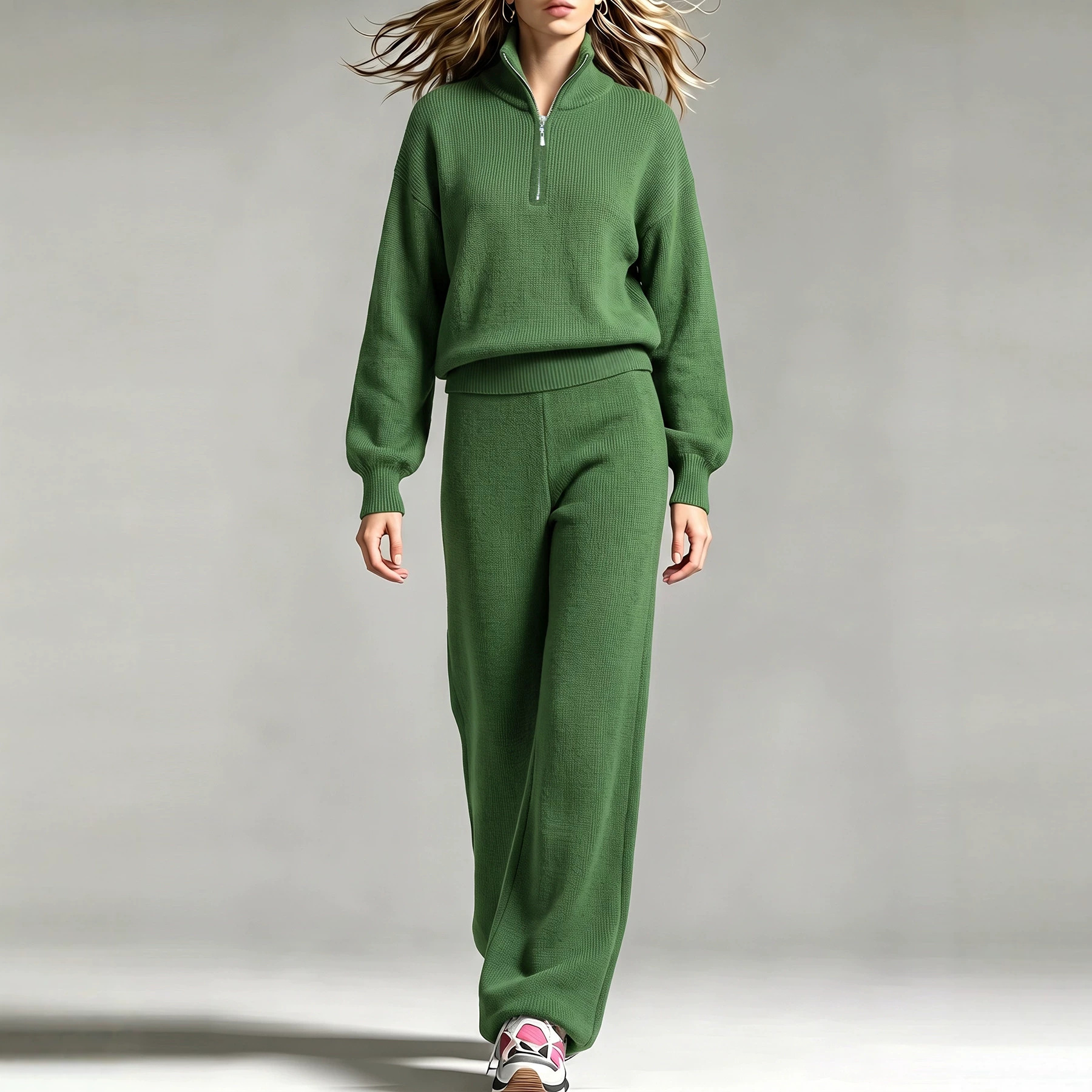 Women's Long Sleeve Knit Two-Piece Set Solid Hooded Top and Wide-Leg Pants