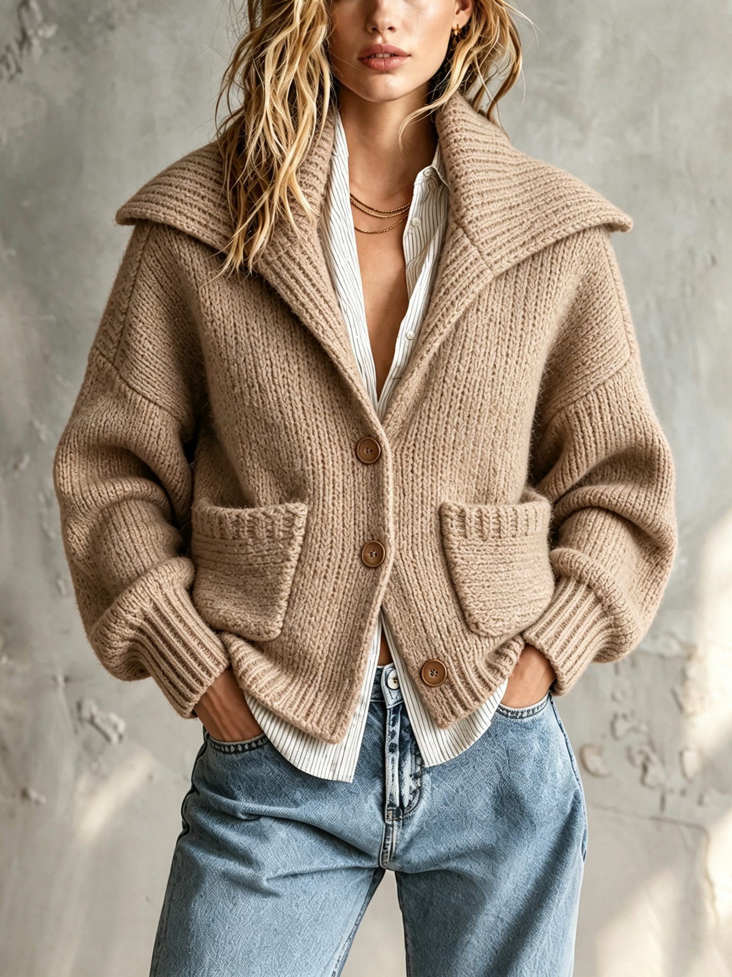 Women's Retro Cropped Knit Cardigan with Large Lapel Collar and Pockets