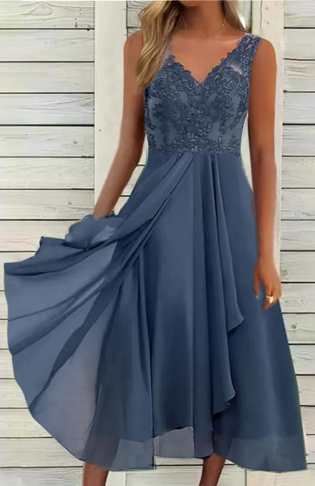 Sleeveless Chiffon Lace Cutout Long Dress