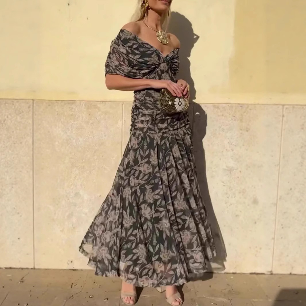 Women's V-Neck Print Long Dress