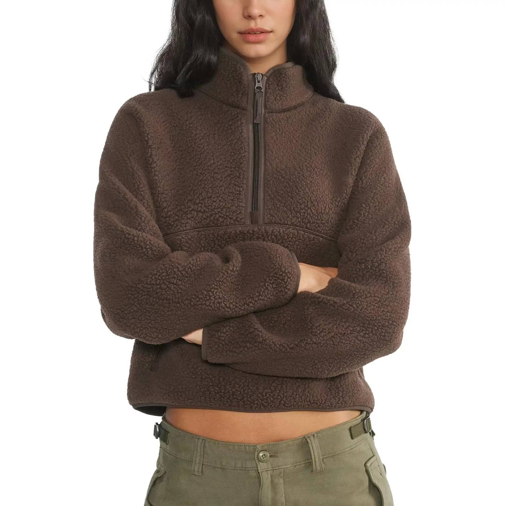 Women's Retro Fleece Half-Zip Pullover Sweatshirt Solid Stand Collar
