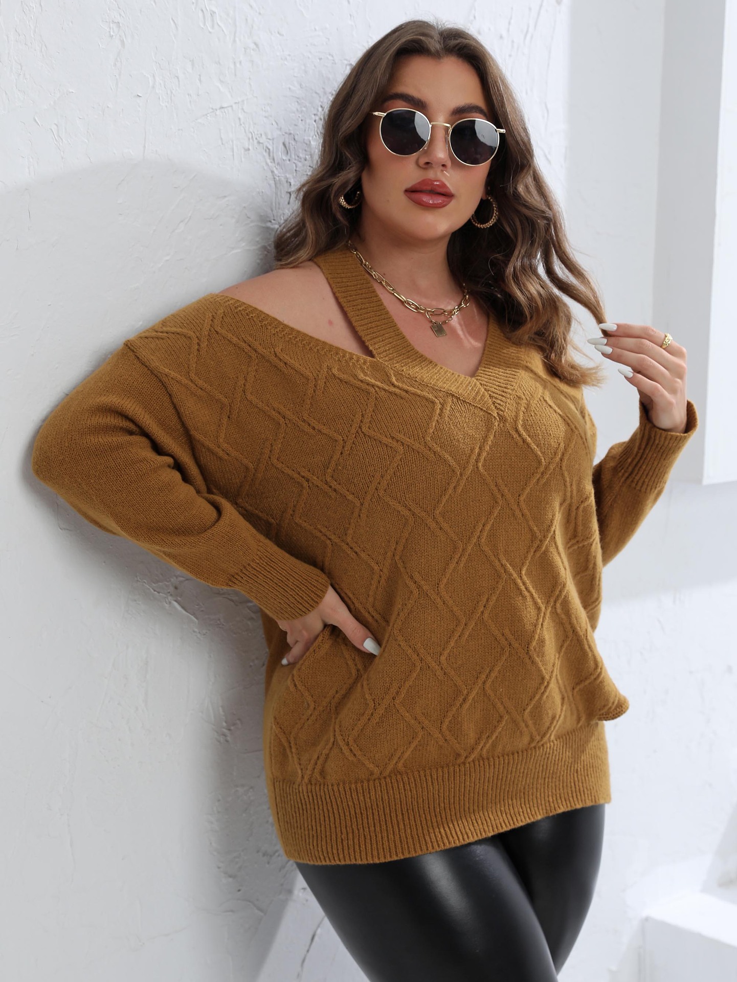 Women's Plus Size Off-Shoulder V-Neck Knit Sweater