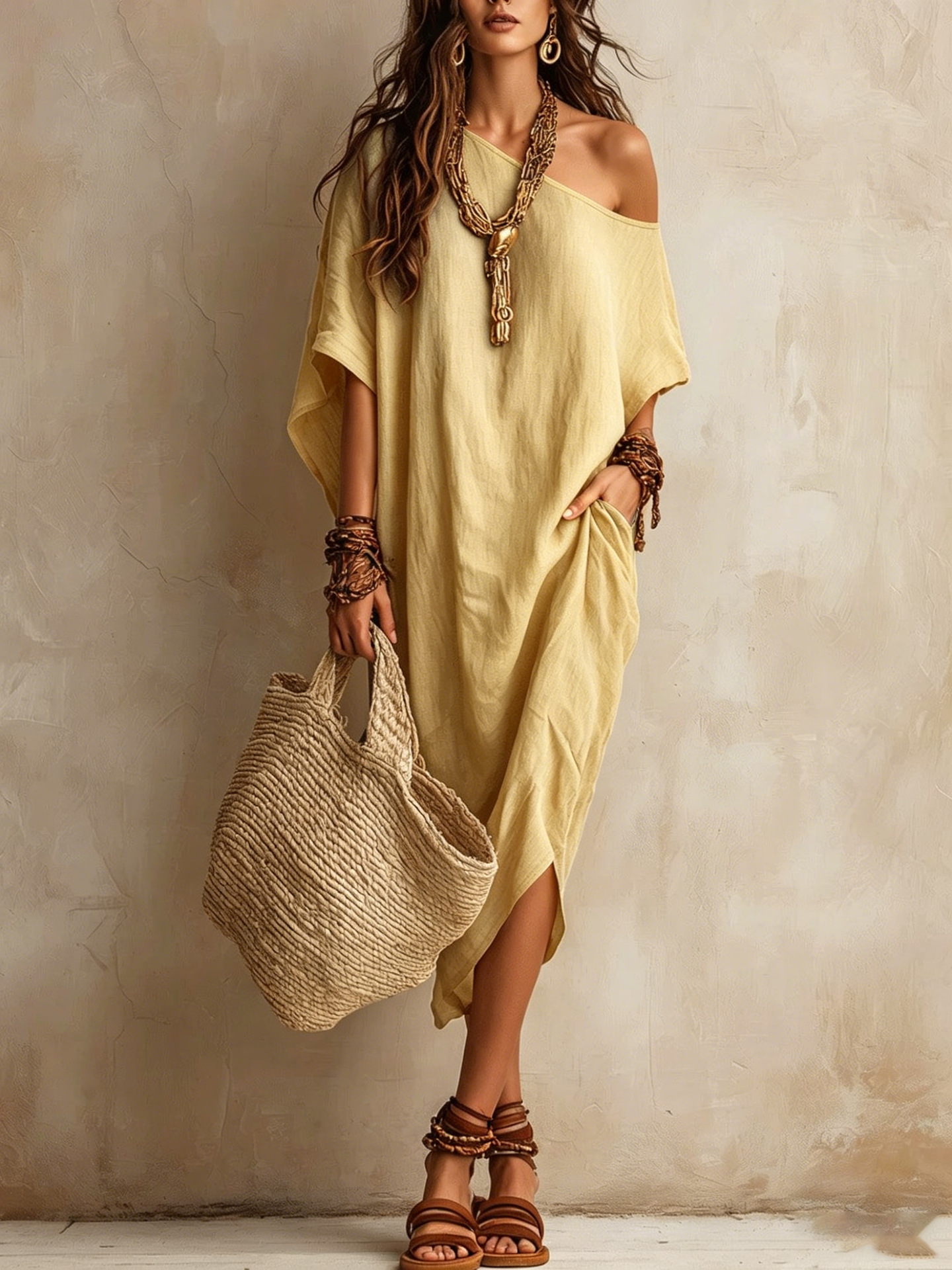 Women's One-Shoulder Cotton-Linen Blend Midi Dress with Batwing Sleeves and Slit