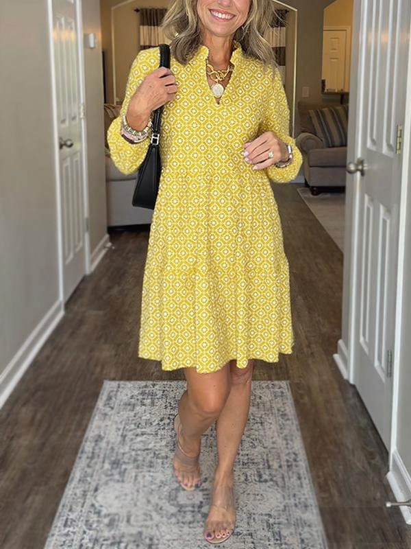 V-Neck Three-Quarter Sleeve Diamond Print A-Line Dress