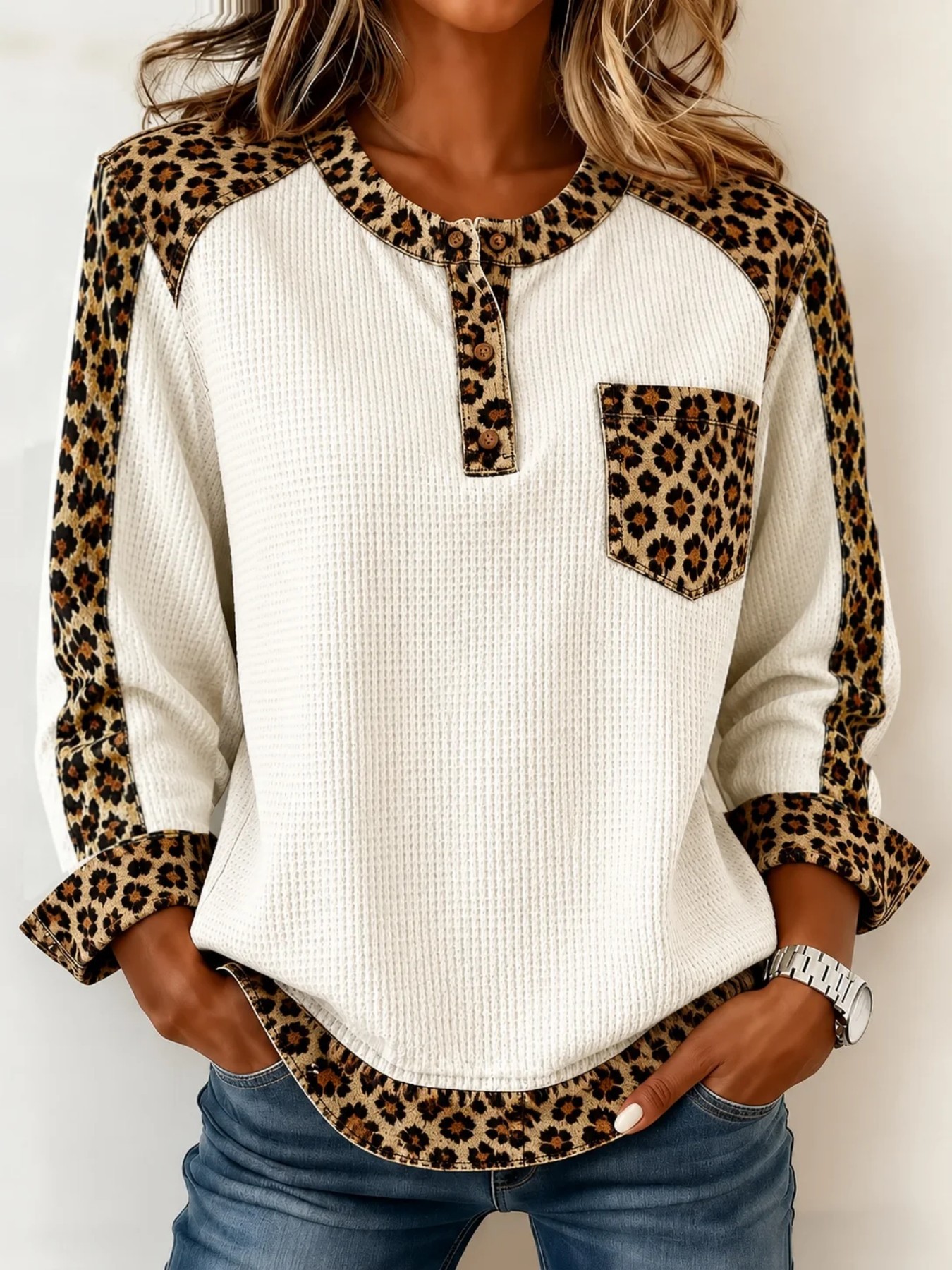 Women's Vintage Leopard Print Raglan Button Sweatshirt