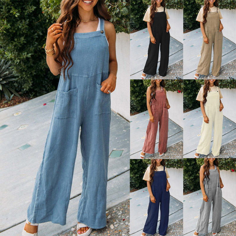 Women's Casual Solid Color Pocket Square Neck Loose Overalls