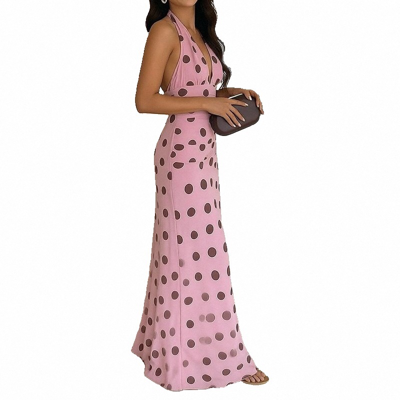Women's V-Neck Polka Dot Sleeveless Maxi Dress