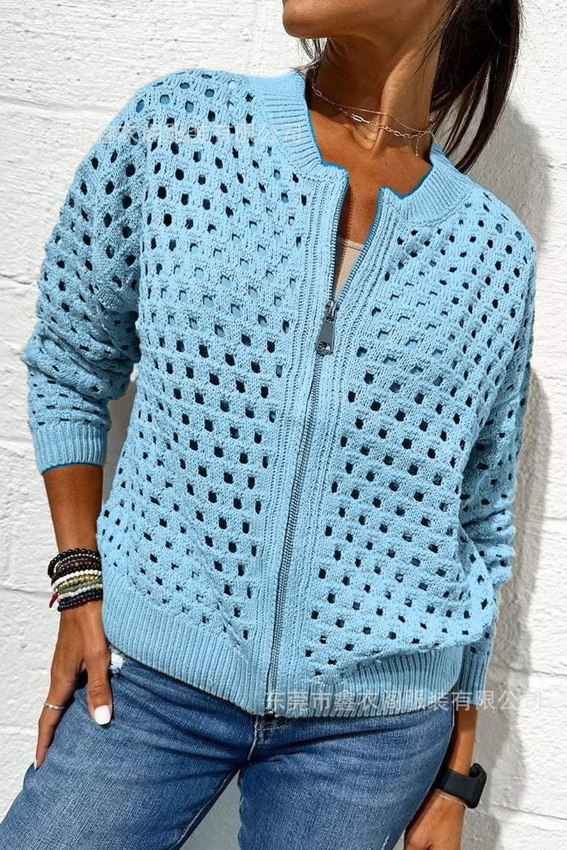 Women's Open-Knit Zip-Up Jacket Casual Lightweight Outerwear