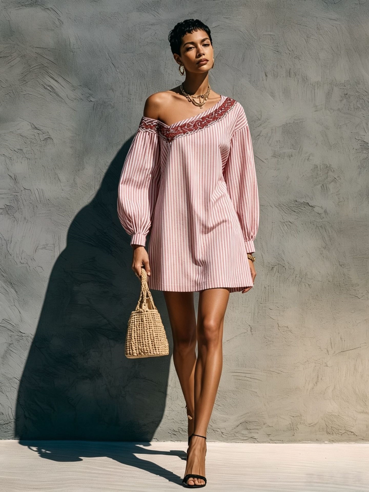 Striped One-Shoulder Long-Sleeve Embroidered Mini Dress