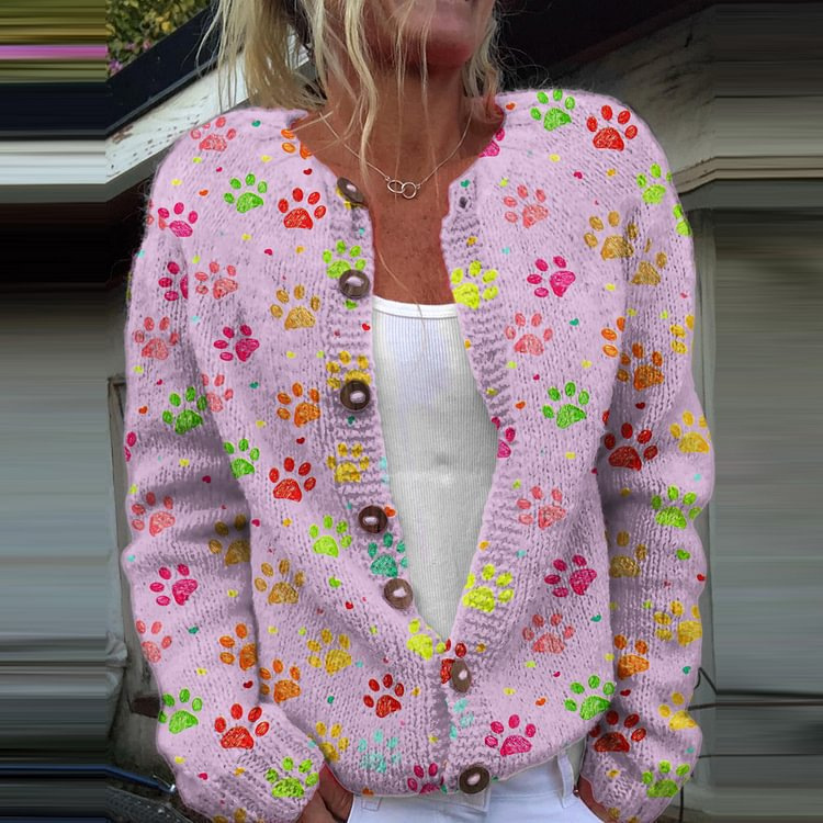 Women's Paw Print Floral Button Cardigan Sweater