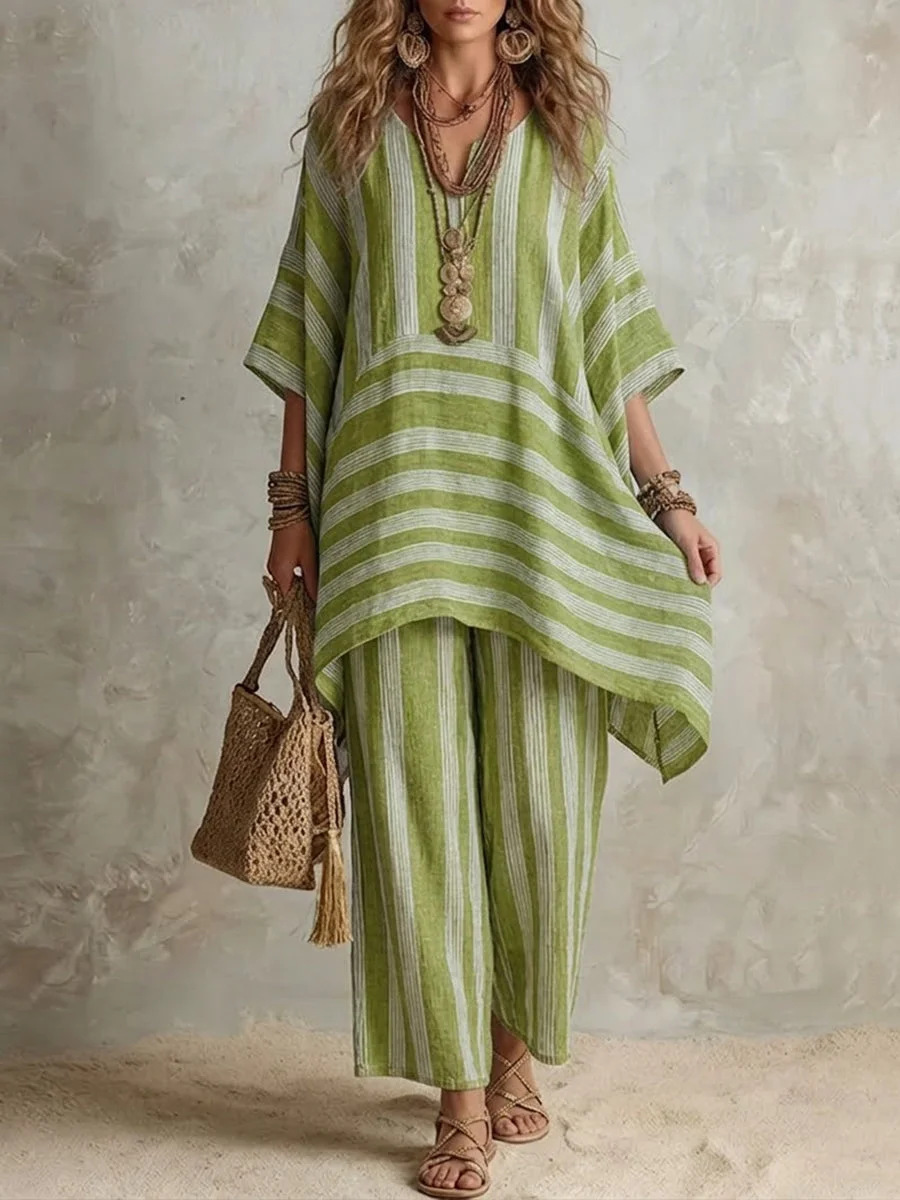V-Neck Striped Two-Piece Lounge Set