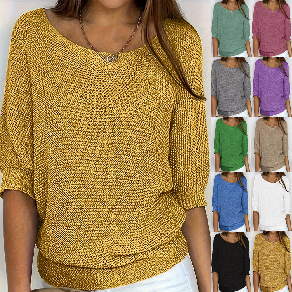 Women's Solid Crewneck Knit Top with Lantern Sleeves