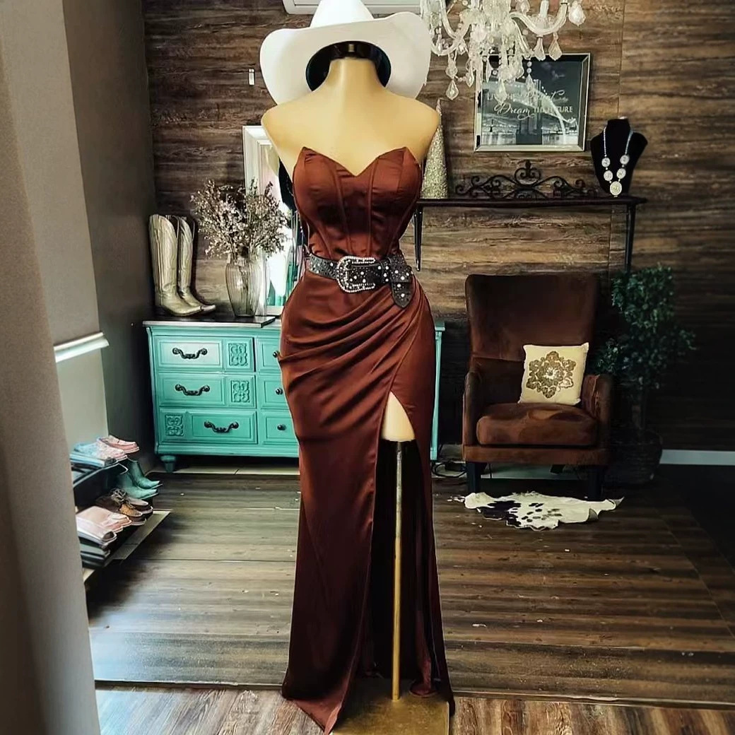 Women's Strapless V-Neck High Slit Evening Gown Ruched Waist Long Dress