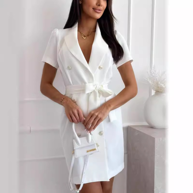 Sweet Blazer Dress with Suit Collar and Double-Breasted Front, Solid Color