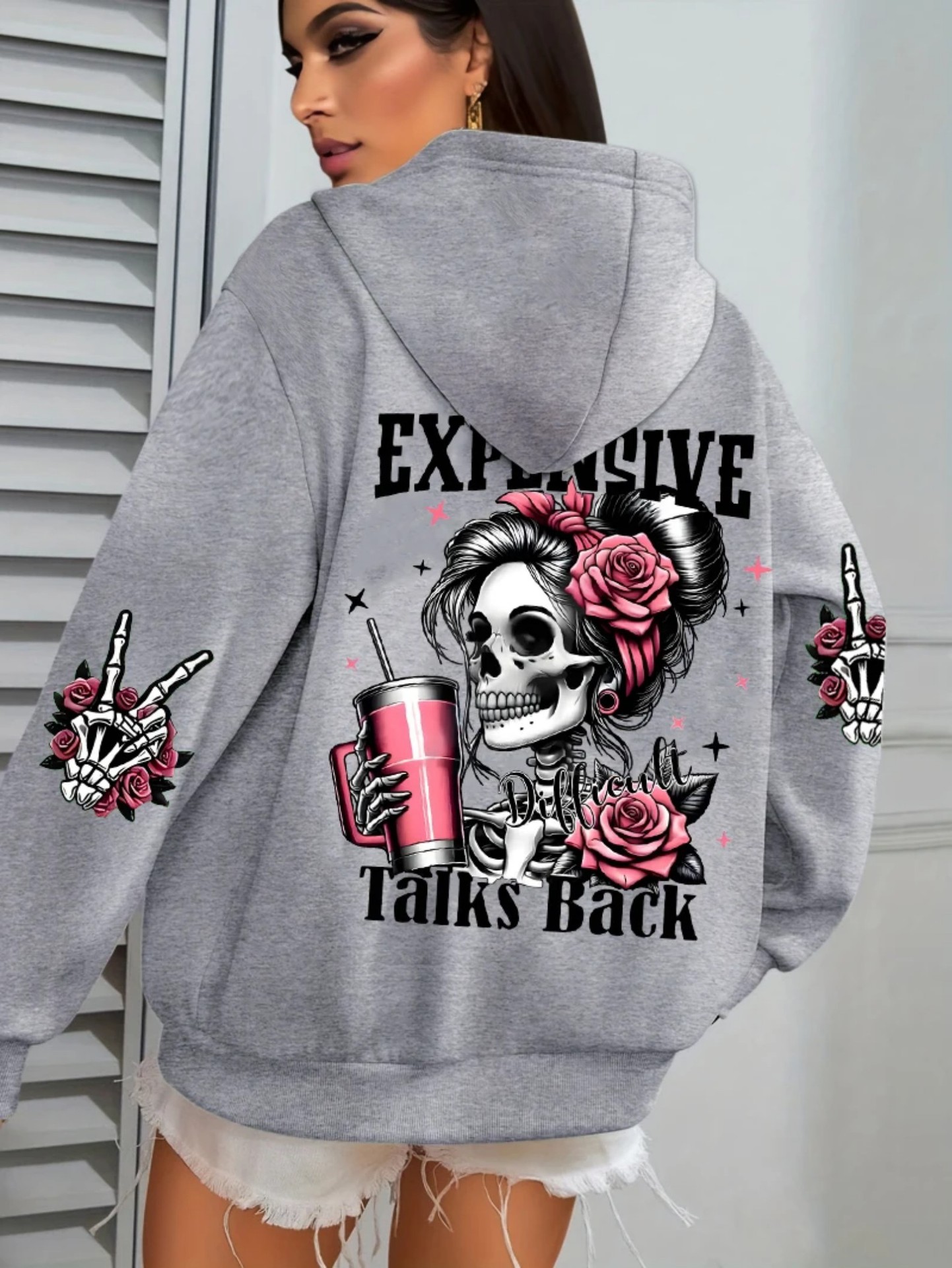 Women's Pink Skull Soda Print Hoodie