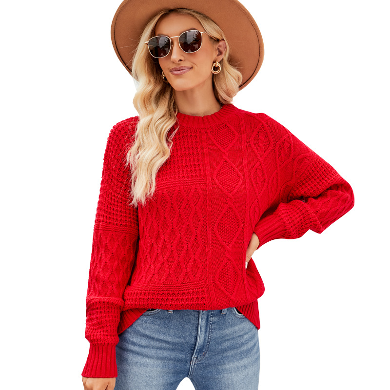 Cable-Knit Solid Crewneck Pullover Sweater Loose Fit