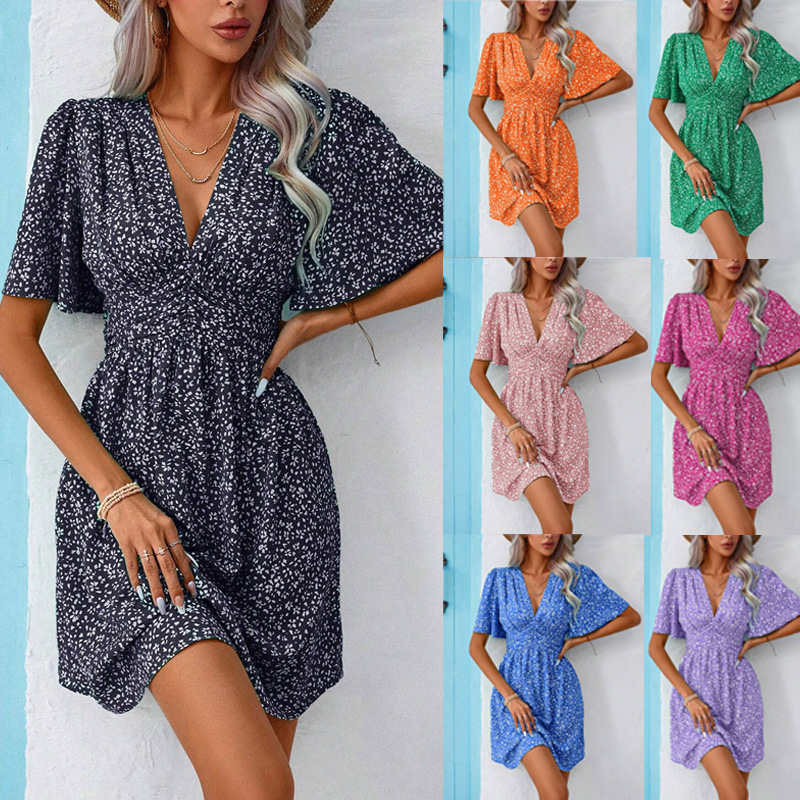 Women's Summer V-Neck Half-Sleeve Floral Pleated High-Waist Dress