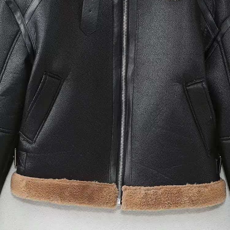 Women's Vintage Black Faux Leather & Brown Fleece Paneled Jacket