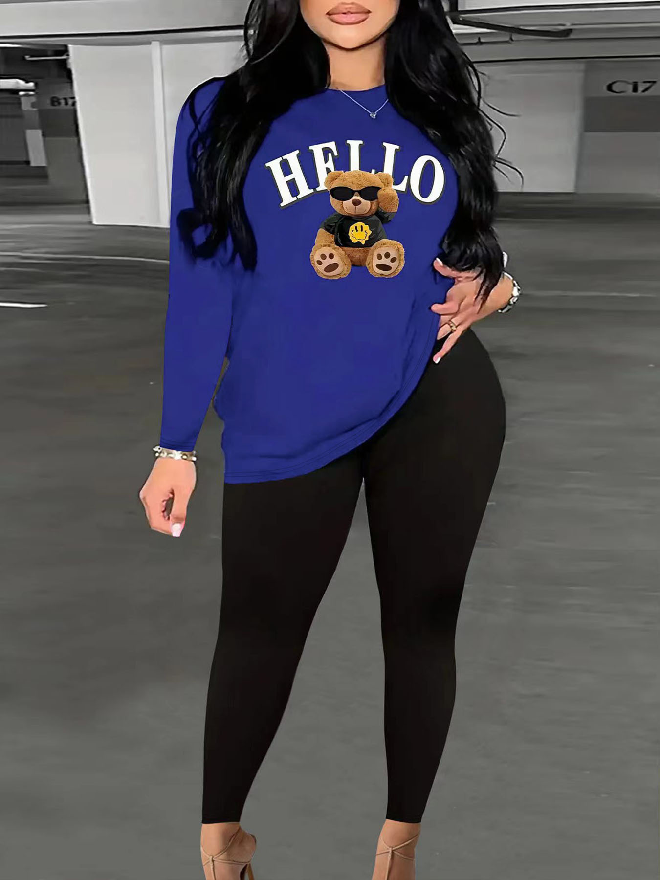 Letter Heart Print Loose Casual Round Neck Two-Piece Pants Set