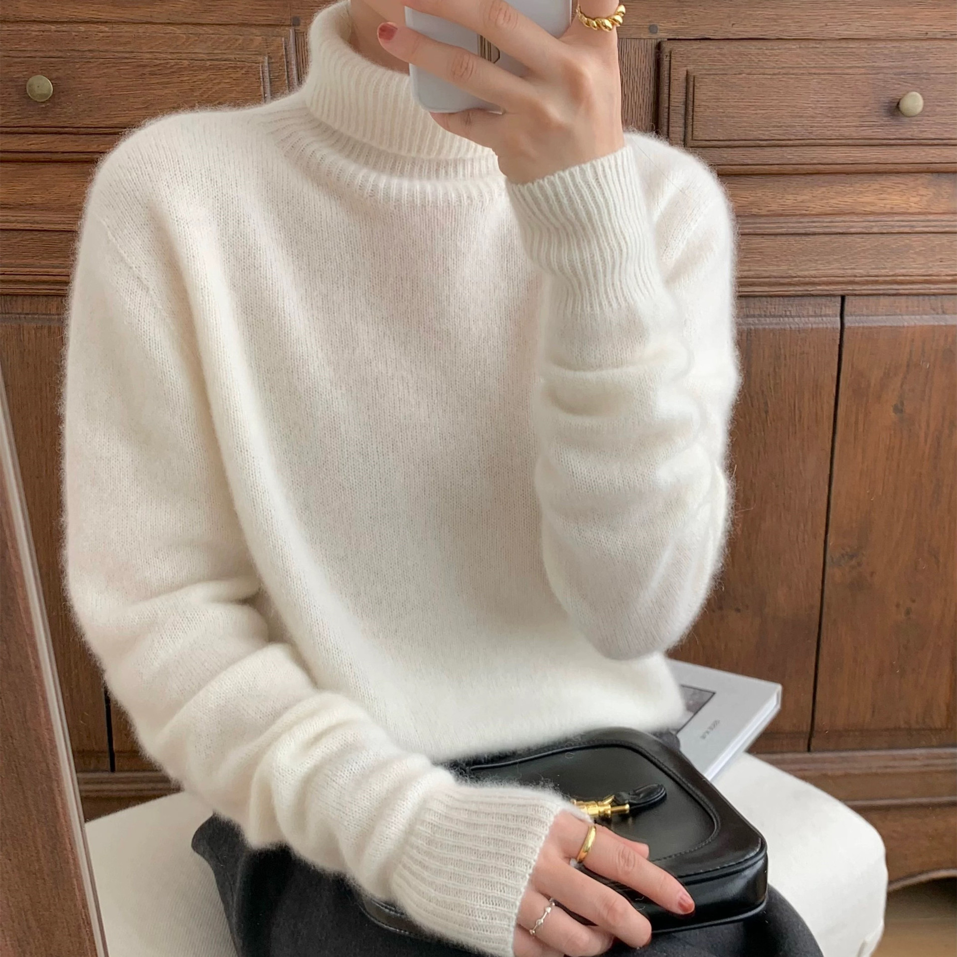 Women's Gray Turtleneck Thickened Sweater Lazy Style Solid Knit Pullover